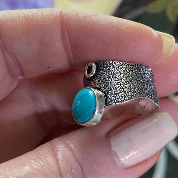 Natural Turquoise Wide Band Sterling Silver Ring Size 8 - Picture 6 of 6